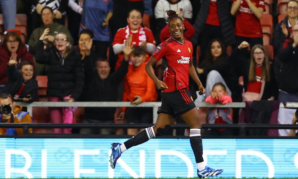 <span>Melvine Malard celebrates scoring for Manchester United against Arsenal in the Women’s Super League last season during her loan spell from Lyon.</span><span>Photograph: Molly Darlington/Reuters</span>