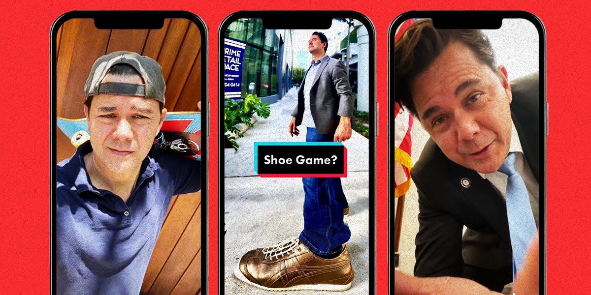Three iPhones with tik tok references of Florida congressman with a red background