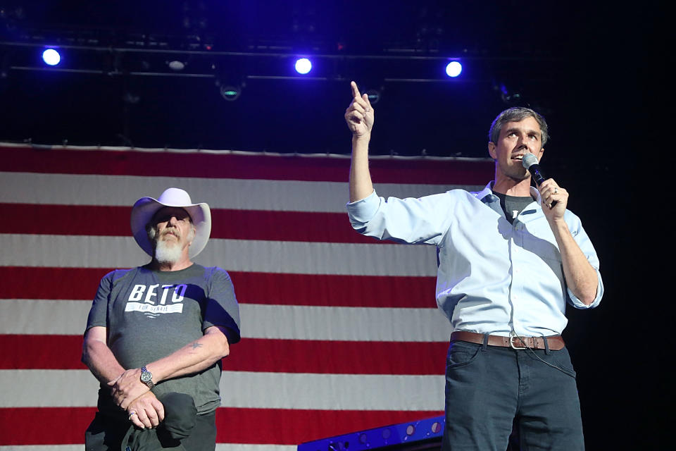 Beto O’Rourke, right, and Ray Benson speak onstage at Willie Nelson’s 45th 4th of July Picnic at the Austin360 Amphitheater on July 4, 2018, in Austin, Texas. (Photo: Gary Miller/Getty Images for ABA)