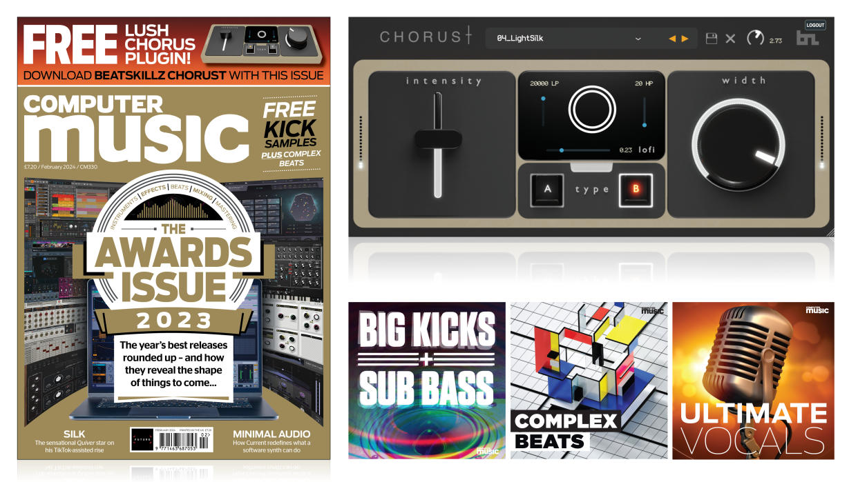  An image of the cover of the February 2024 issue of Computer Music magazine, alongside screenshots of the free Beatskillz plugin and free sample packs. 