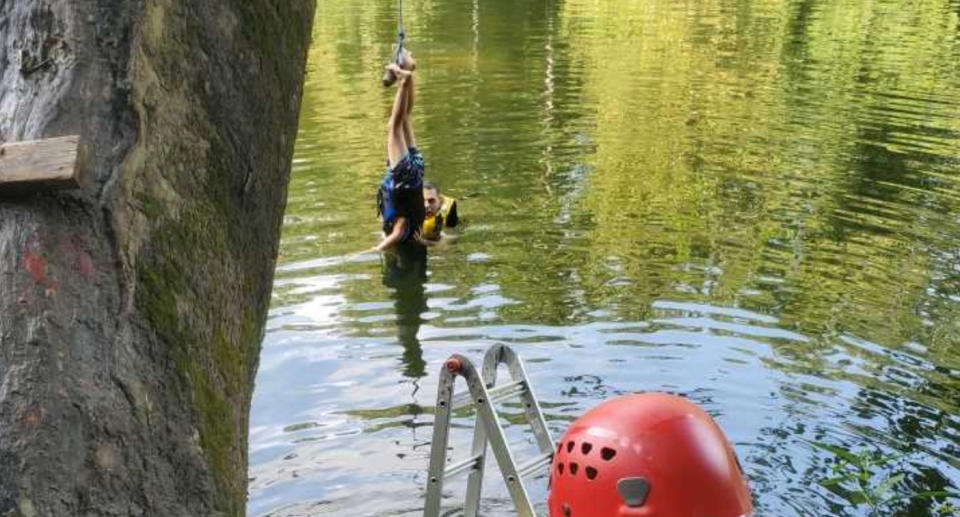 The boy was stuck upside down until rescue crews arrived. Source: Howard County Department of Fire and Rescue Services