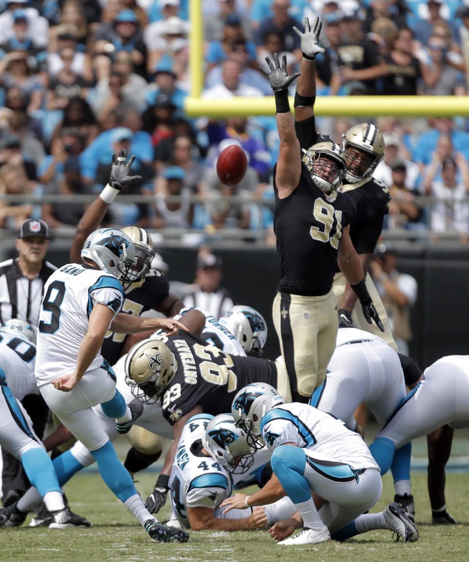 <p>Carolina Panthers’ Graham Gano (9) kicks a field goal against the New Orleans Saints in the first half of an NFL football game in Charlotte, N.C., Sunday, Sept. 24, 2017. (AP Photo/Bob Leverone) </p>