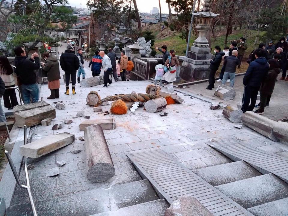 PHOTO: A torii gate is damaged after an earthquake at a shrine in Kanazawa, Ishikawa prefecture, Japan Monday, Jan. 1, 2024. (Kyodo News via AP)