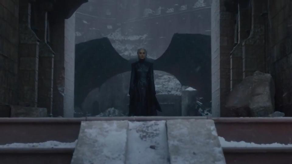 Dany with her dragon's wings opening up behind her in "Game of Thrones"