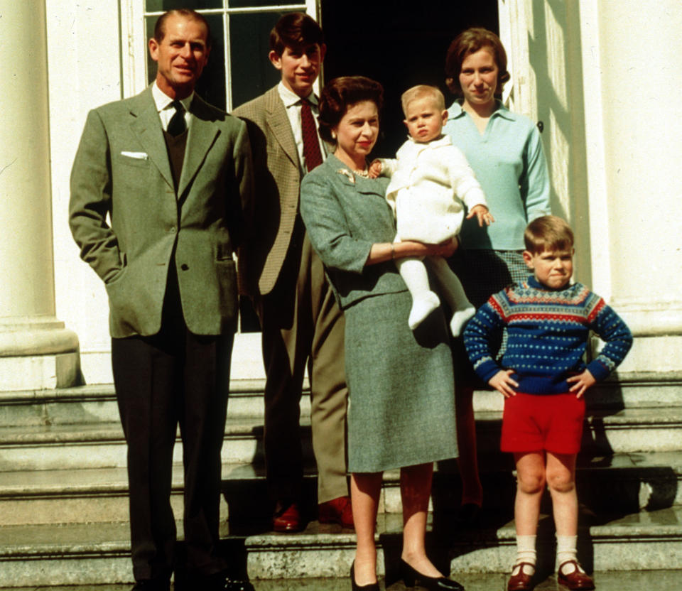 File photo dated 21/04/65 of the Duke of Edinburgh (left) with Queen Elizabeth II holding Prince Edward, surrounded by their family (right to left) Prince Andrew, Princess Anne and Prince Charles, on Queen Elizabeth II's 39th birthday. The Duke of Edinburgh has died, Buckingham Palace has announced. Issue date: Friday April 9, 2020.. See PA story DEATH Philip. Photo credit should read: PA Wire