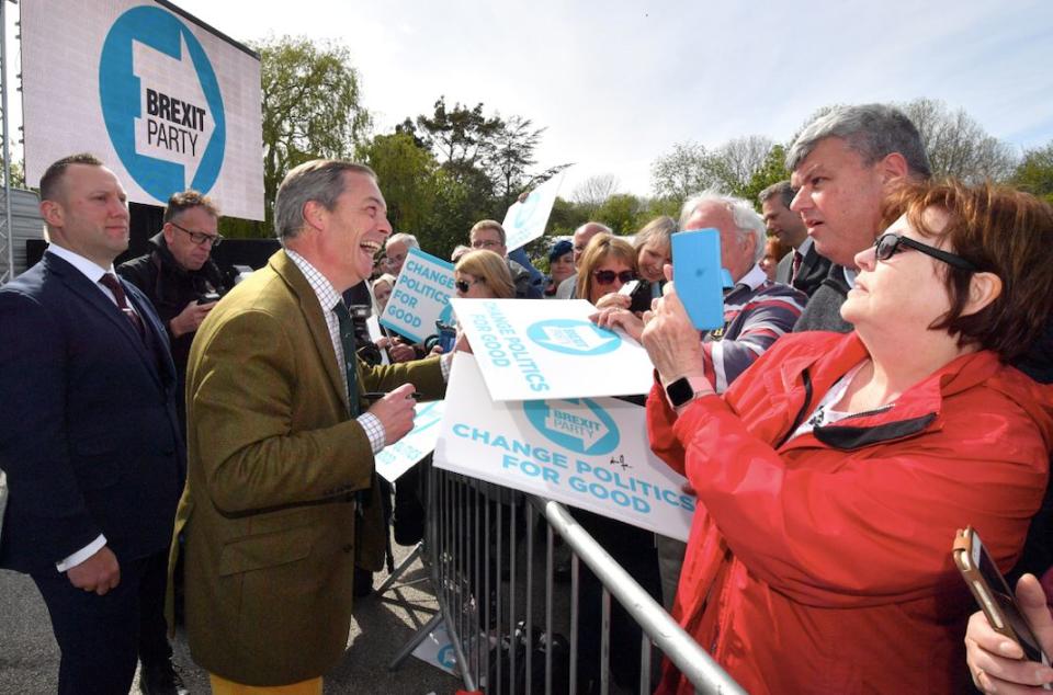 Mr Farage has seen the Brexit Party surge in popularity in just one month (Getty)
