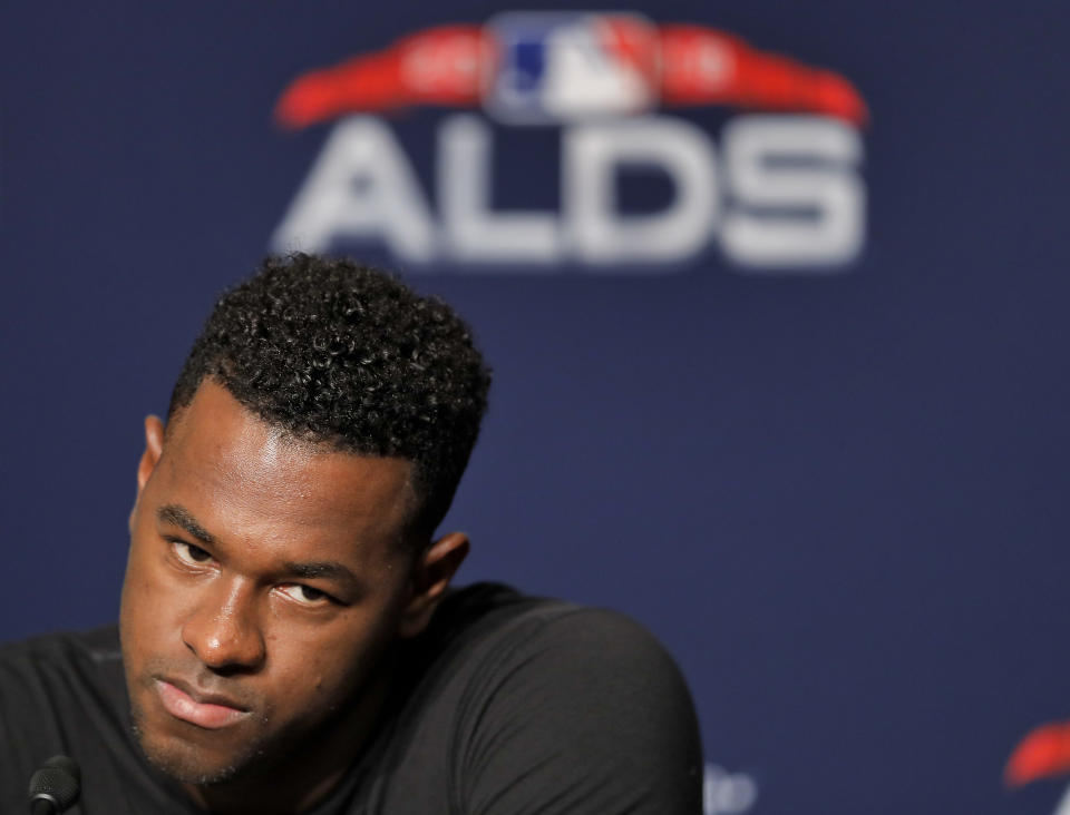 New York Yankees starting pitcher Luis Severino answers questions during a news conference, Sunday, Oct. 7, 2018, in New York. The Yankees will play against the Boston Red Sox in Game 3 of the AL Division Series on Monday. (AP Photo/Julie Jacobson)