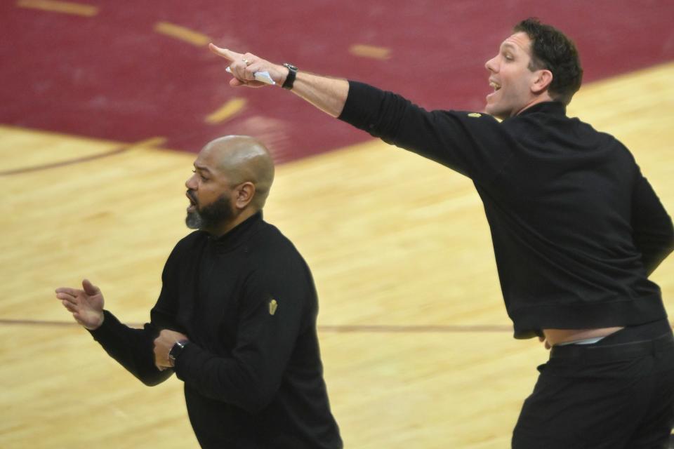 Cavaliers head coach J. B. Bickerstaff and assistant coach Luke Walton react in the third quarter of Game 4 of the Eastern Conference semifinals, May 13, 2024, in Cleveland.