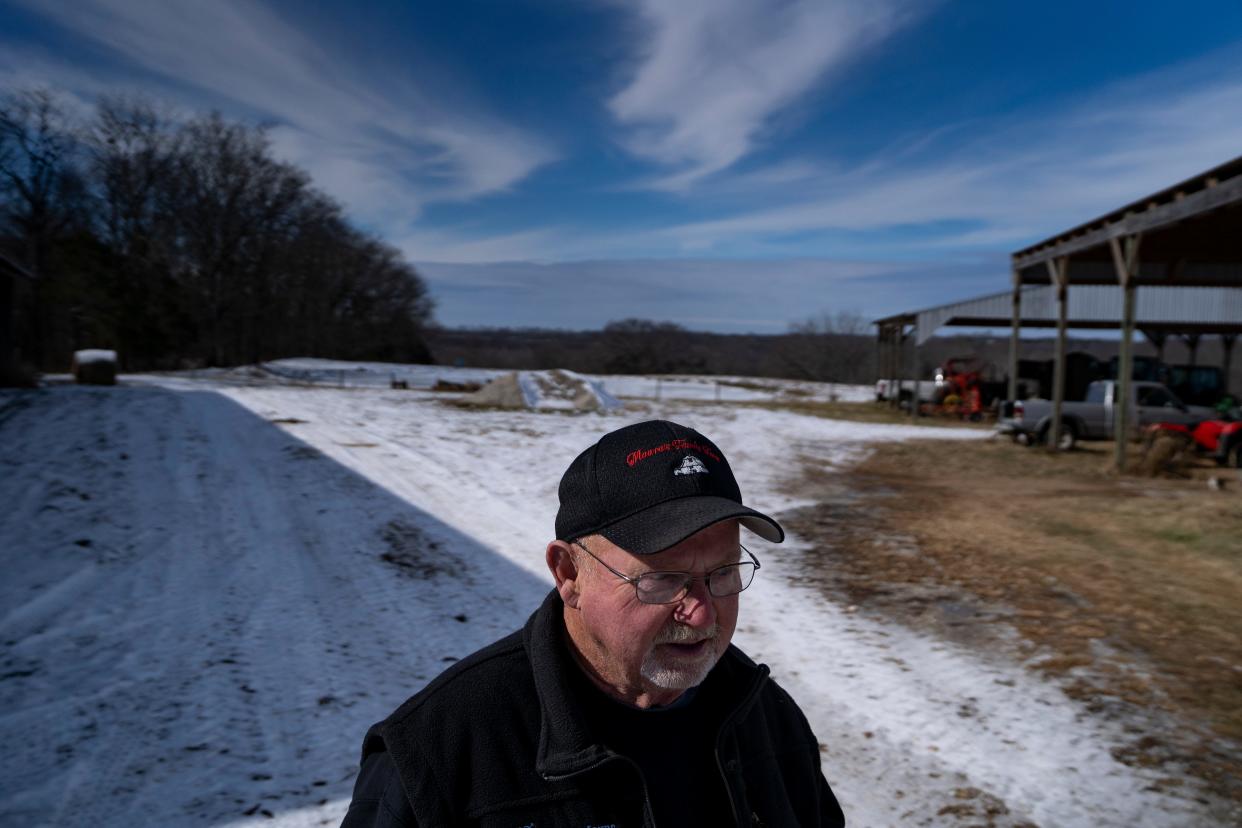Joe Moore, owner of Moore’s Family Farm, on his farm on Jan. 22, 2024, in Barren County, Kentucky. Moore raises beef, pork and lamb on the 475-acre, farm that has been in his family since 1810. Like most other farmers, he struggles with the age-old challenges of the profession — long hours of manual labor, unpredictable weather, unforgiving markets. And he’s seen firsthand the toll these stressors can take on farmers’ mental health.