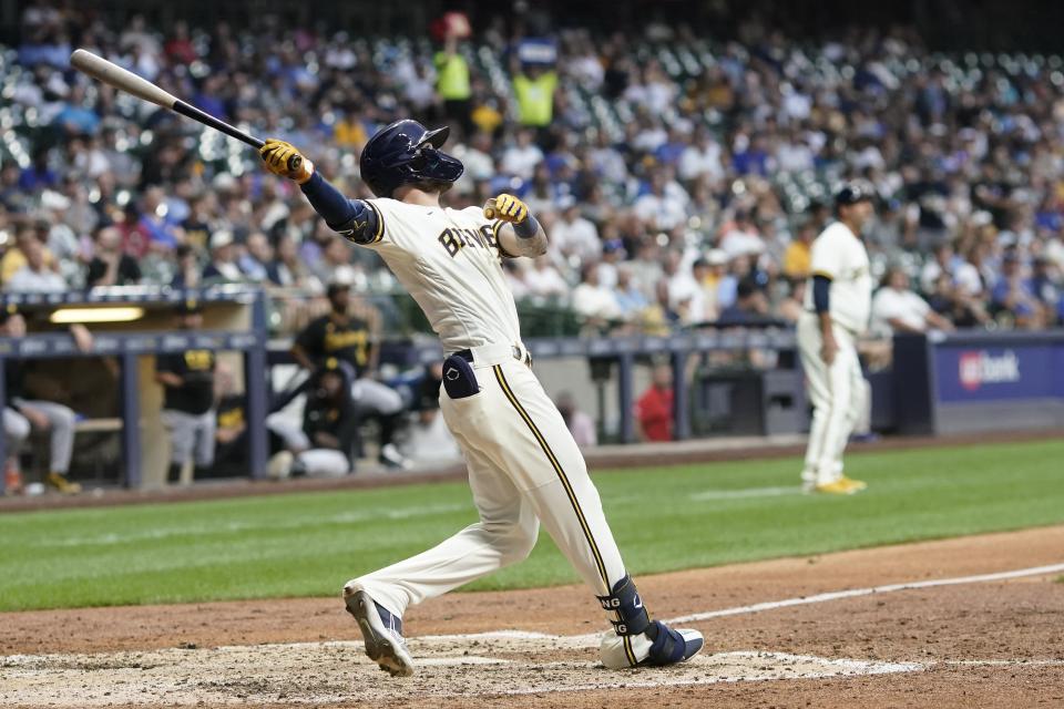 Milwaukee Brewers' Brice Turang hits a three-run home run during the fifth inning of a baseball game against the Pittsburgh Pirates Thursday, Aug. 3, 2023, in Milwaukee. (AP Photo/Morry Gash)