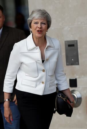 Britain's Prime Minister, Theresa May, leaves the BBC after appearing on the Andrew Marr Show, in central London, Britain July 15, 2018. REUTERS/Peter Nicholls