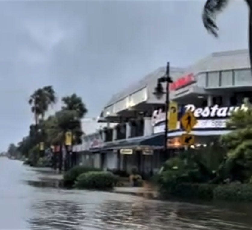 The Columbia Restaurant is visible in this screen capture from a Sarasota Police Department video showing flooding on St. Armands Circle caused by Hurricane Idalia, posted on Wednesday, August 30, 2023.