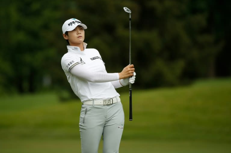 Park Sung-Hyun of South Korea hits from the 17th fairway during the second round of the LPGA Volvik Championship, at Travis Pointe Country Club Ann Arbor, Michigan, on May 26, 2017