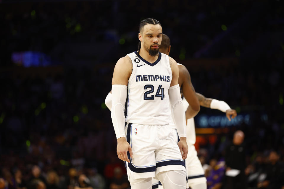 LOS ANGELES, CALIFORNIA - APRIL 28: Dillon Brooks #24 of the Memphis Grizzlies in the second half against the Los Angeles Lakers in Game Six of the Western Conference First Round Playoffs at Crypto.com Arena on April 28, 2023 in Los Angeles, California. NOTE TO USER: User expressly acknowledges and agrees that, by downloading and/or using this photograph, user is consenting to the terms and conditions of the Getty Images License Agreement. (Photo by Ronald Martinez/Getty Images)