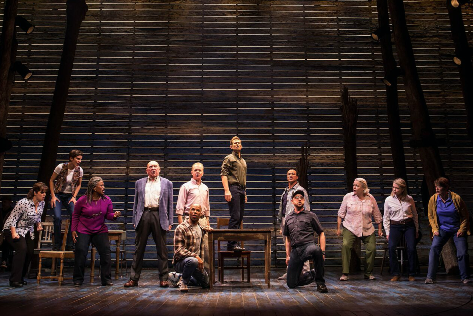 Chad Kimball, center, and the cast of “Come From Away” - Credit: Matthew Murphy