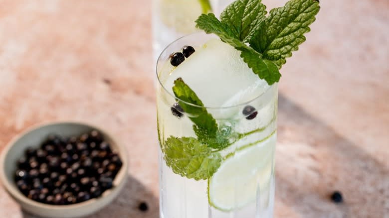 A gin and tonic next to a bowl of juniper berries