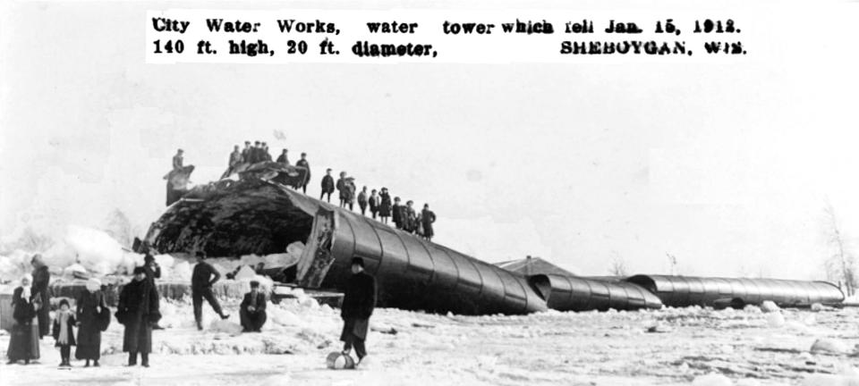 FILE - In January 15, 1912, the water tower, 140-feet tall and 20-feet in diameter collapsed due to ice near the water utility buildings.