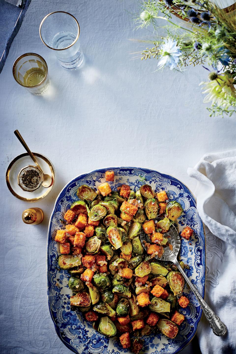 Brussels Sprouts with Cornbread Croutons