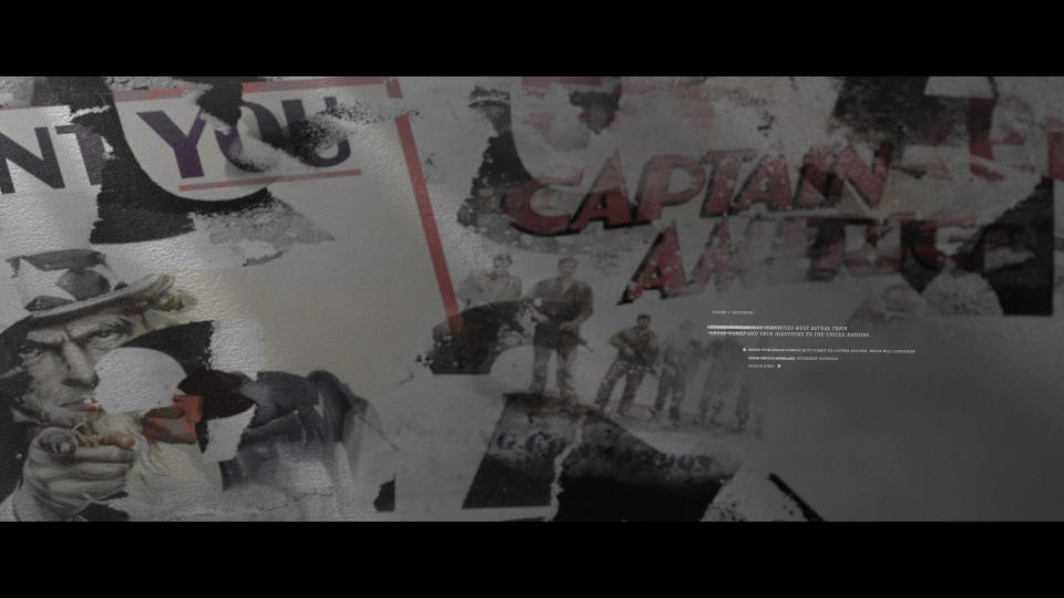 A shot of the Falcon and the Winter Soldier premiere end credits, featuring Captain America's name.