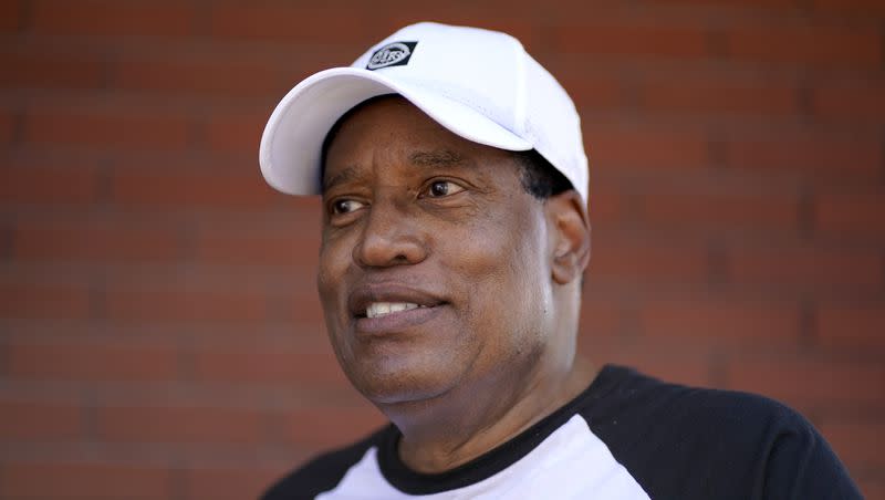 Republican presidential candidate and radio show host Larry Elder speaks to fairgoers at the Iowa State Fair, Friday, Aug. 11, 2023, in Des Moines, Iowa.