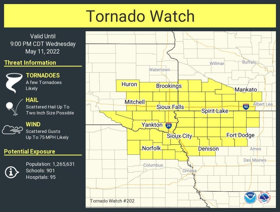 A tornado watch has been issued for the area in yellow until 9 p.m. Wednesday, May 11.