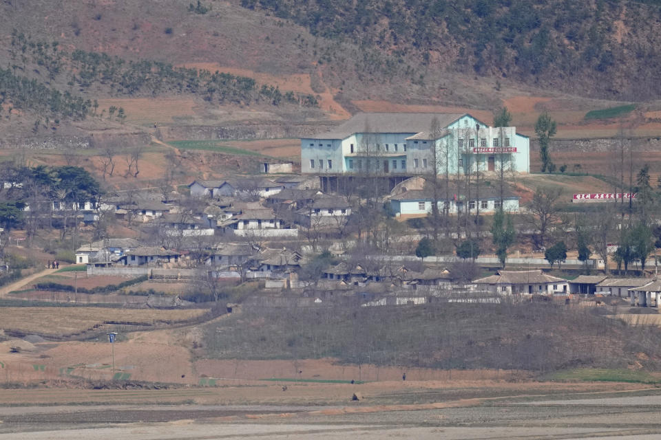 North Korea's Kaepoong town is seen from the unification observatory in Paju, South Korea, Friday, April 15, 2022. North Korea is marking a key state anniversary Friday with calls for stronger loyalty to leader Kim Jong Un, but there was no word on an expected military parade to display new weapons amid heightened animosities with the United States. (AP Photo/Lee Jin-man)