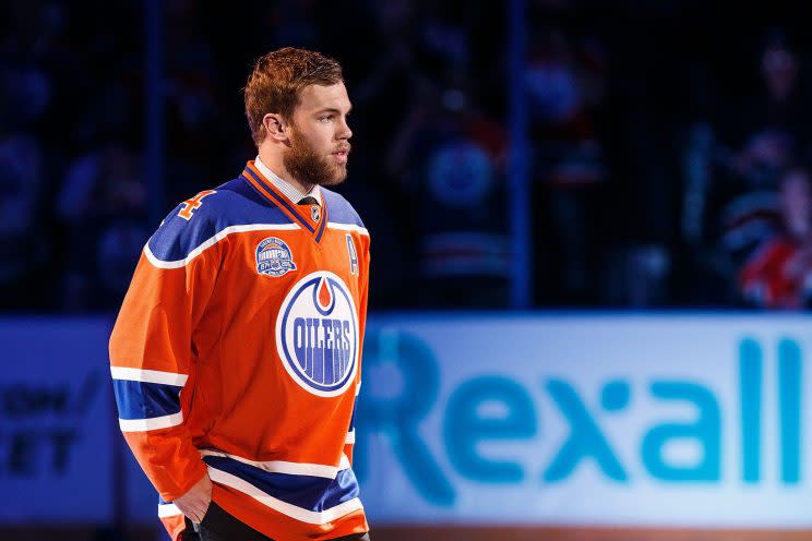 EDMONTON, AB - APRIL 6: Oilers forward Taylor Hall is introduced during the closing ceremonies at Rexall Place following the game between the Edmonton Oilers and the Vancouver Canucks on April 6, 2016 at Rexall Place in Edmonton, Alberta, Canada. The game was the final game the Oilers played at Rexall Place before moving to Rogers Place next season. (Photo by Codie McLachlan/Getty Images) 