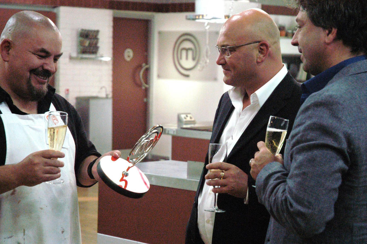 Judges John Torode (right) and Gregg Wallace (centre) after preparing a three course meal consisting of wild ingredients including rabbit, spider crab and lavender. (PA Images)