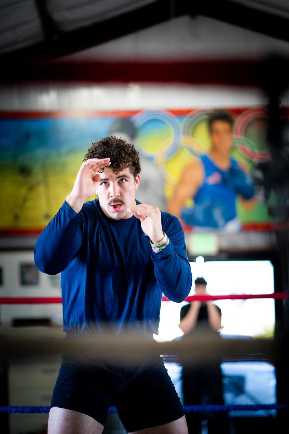 Richard Torrez Jr. prepares for his upcoming heavyweight boxing bout during a workout session May 2 at the Tulare Athletic Boxing Club. Torrez Jr. will look to improve to 10-0 in his career when he fights Brandon Moore on May 18 in San Diego.