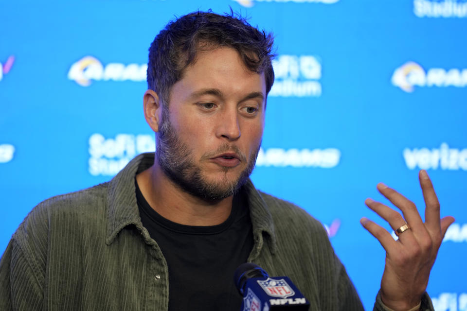 Los Angeles Rams quarterback Matthew Stafford speaks during a news conference after the Pittsburgh Steelers defeated the Rams 24-17 in an NFL football game Sunday, Oct. 22, 2023, in Inglewood, Calif. (AP Photo/Ashley Landis)