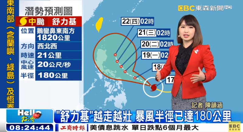 東森新聞記者陳韻涵表示，舒力基有機會在今天下午轉為強颱。（圖／東森新聞）