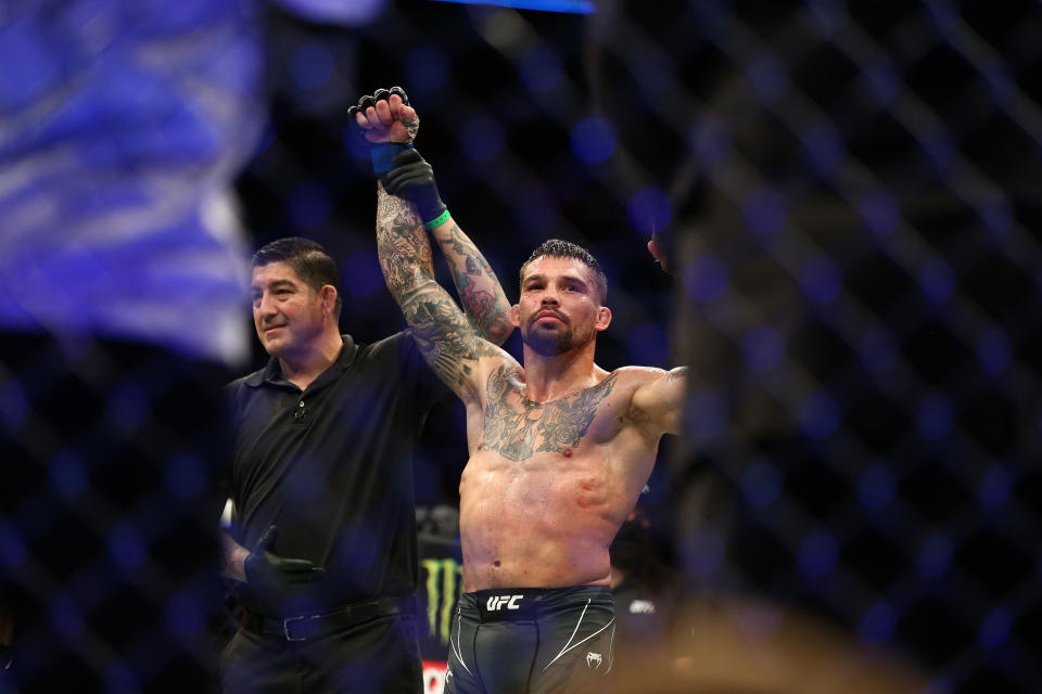 May 15, 2021; Houston, Texas, USA; Tucker Lutz is declared the winner by unanimous decision against Kevin Aguilar during UFC 262 at Toyota Center. Mandatory Credit: Troy Taormina-USA TODAY Sports