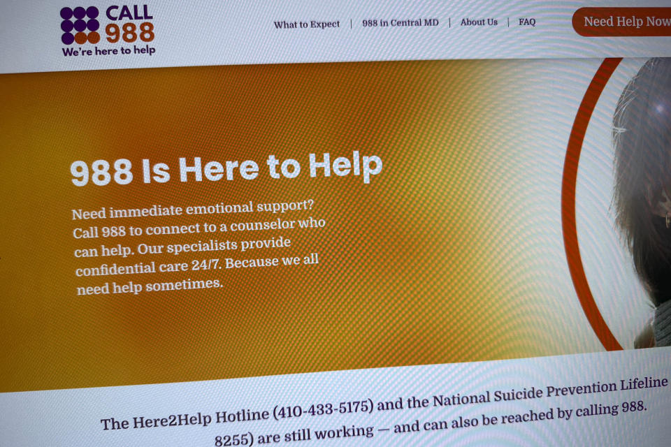 Part of the 988helpline.org website is photographed Friday, Feb. 3, 2023. A cyberattack caused a nearly daylong outage of the nation's new 988 mental health helpline on Dec. 1, 20222, federal officials tell The Associated Press. Lawmakers are now calling for the federal agency that oversees the program to prevent future attacks. (AP Photo/Jon Elswick