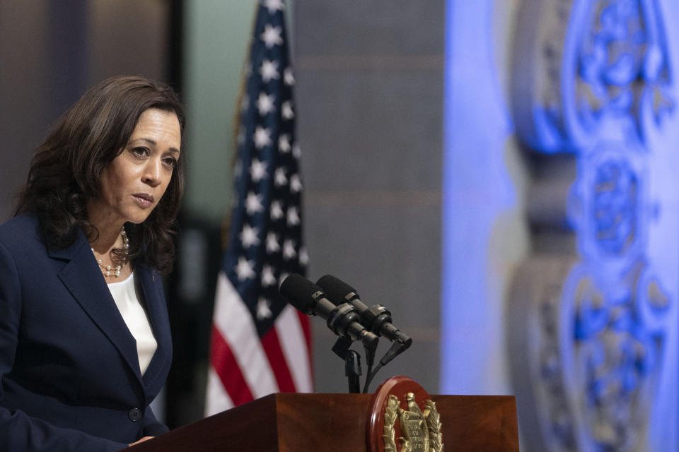 FILE - Vice President Kamala Harris listens to a question during a news conference, June 7, 2021, at the National Palace in Guatemala City. Biden took office on Jan. 20 and almost immediately, numbers of migrants exceeded expectations. Biden and senior officials talked tough — "Do not come," Harris warned, repeating herself for emphasis. (AP Photo/Jacquelyn Martin, File)