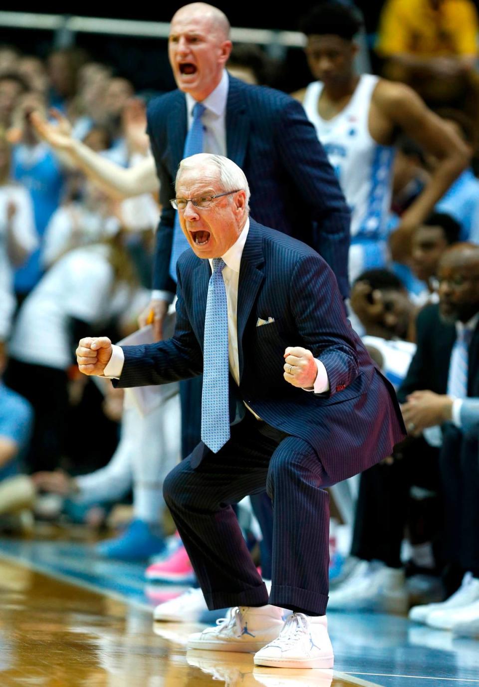 North Carolina head coach Roy Williams encourages his team during the game against N.C. State at the Dean E. Smith Center in Chapel Hill, N.C., Saturday, Jan. 27, 2018.