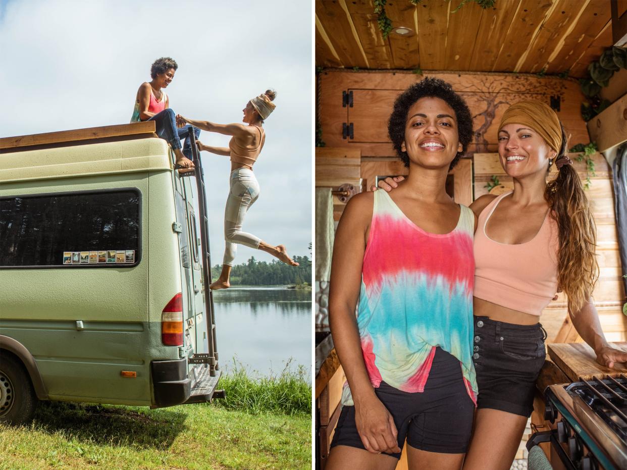 Left: Nat and Abi on the rooftop deck Right: Nat and Abi inside their van