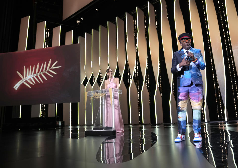 Jury president Spike Lee, right, appears during the awards ceremony for the 74th international film festival, Cannes, southern France, Saturday, July 17, 2021. (AP Photo/Vadim Ghirda)