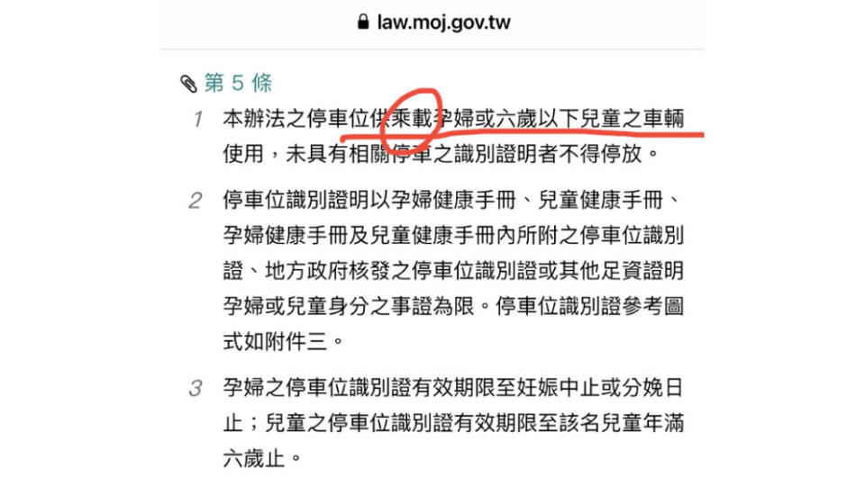 有網友回覆根據法規其實要車上有孕婦或六歲以下兒童才可以停放該車位。（圖片來源/翻攝自PTT）