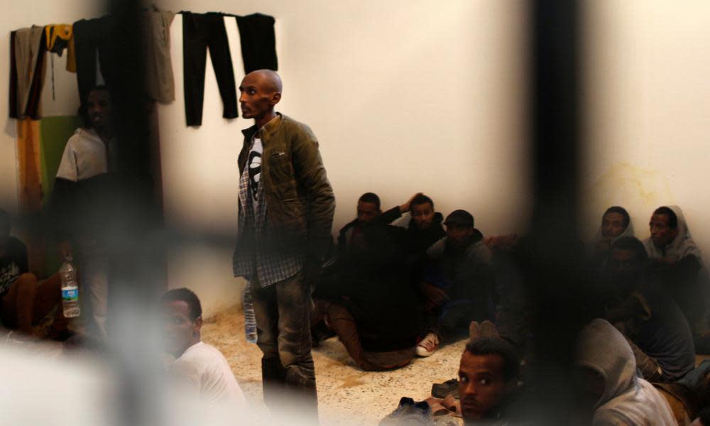 Refugees and migrants at a detention centre in Zawiya, northern Libya.