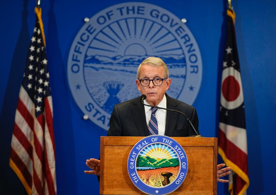 Gov. Mike DeWine speaks about the verdict in the trial of George Wagner IV, was found guilty in killings of eight members of Pike County's Rhoden family, during a press conference. Adam Cairns-The Columbus Dispatch