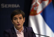 Serbian Prime Minister Ana Brnabic speaks during a press conference in Belgrade, Serbia, Thursday, Jan. 20, 2022. Trying to defuse protests by environmentalists, Serbia's populist government declared Thursday it is canceling all rights that would help mining giant Rio Tinto launch a lithium mine in the Balkan country. (AP Photo/Darko Vojinovic)