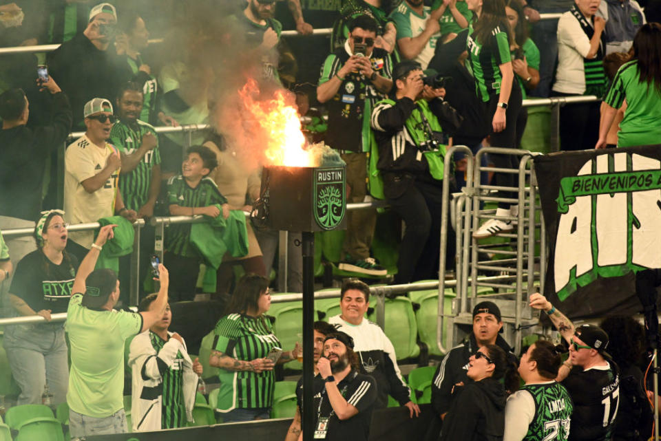 AUSTIN, TX – MARCH 16: An Austin FC smoke machine catches on fire during game between the Philadelphia Union and Austin FC on March 16, 2024 at Q2 Stadium in Austin, TX. (Photo by John Rivera/Icon Sportswire via Getty Images)