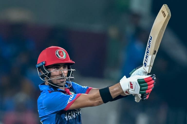 Afghanistan's Rahmanullah Gurbaz top scored with 80 off 56 balls as his team made 159 against <a class="link " href="https://sports.yahoo.com/soccer/teams/new-zealand-women/" data-i13n="sec:content-canvas;subsec:anchor_text;elm:context_link" data-ylk="slk:New Zealand;sec:content-canvas;subsec:anchor_text;elm:context_link;itc:0">New Zealand</a> on Friday. (R.Satish BABU)
