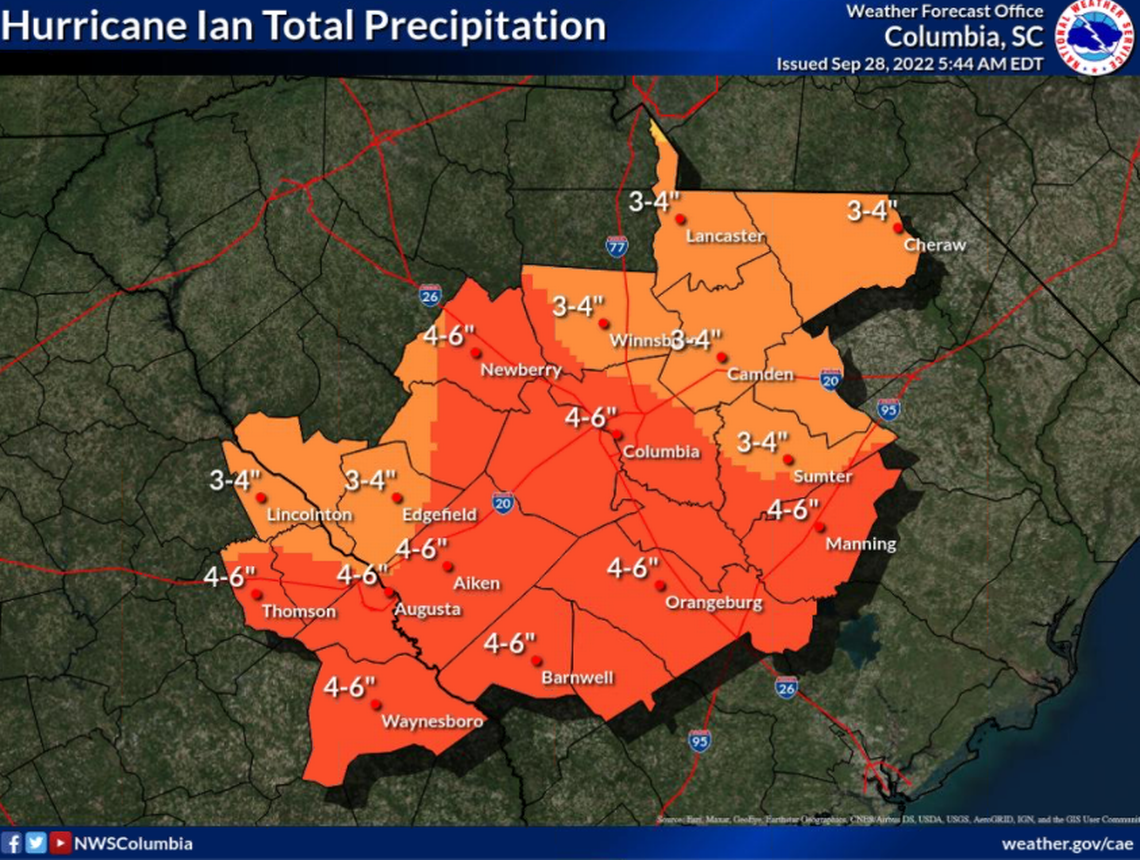 Up to 6 inches of rain could fall in the Columbia area Friday into Saturday as Hurricane Ian moves north.