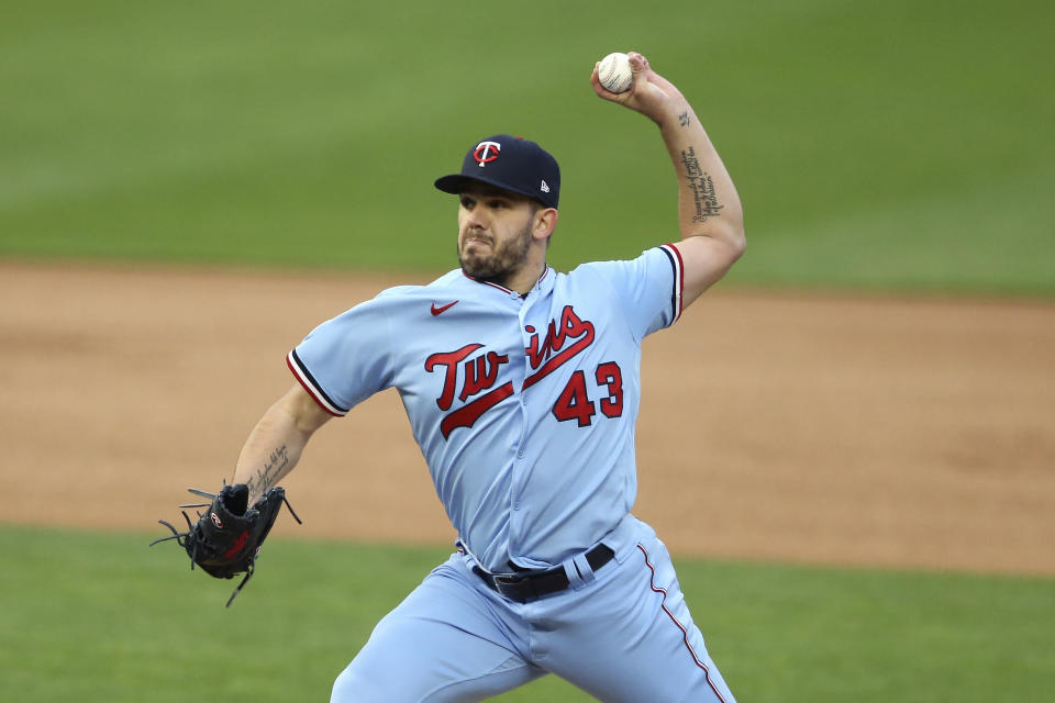 Minnesota Twins pitcher Lewis Thorpe throws against the Texas Rangers during the first inning of a baseball game Wednesday, May 5, 2021, in Minneapolis. (AP Photo/Stacy Bengs)