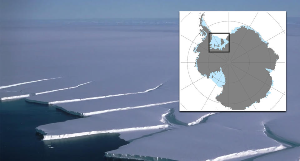 Pictured is the Antarctica ice shelf. 