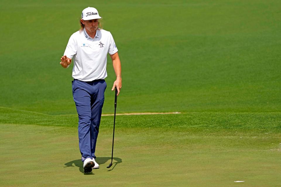 Apr 7, 2022; Augusta, Georgia, USA; Cameron Smith reacts to his putt on the second green during the first round of The Masters golf tournament. Mandatory Credit: Michael Madrid-USA TODAY Sports