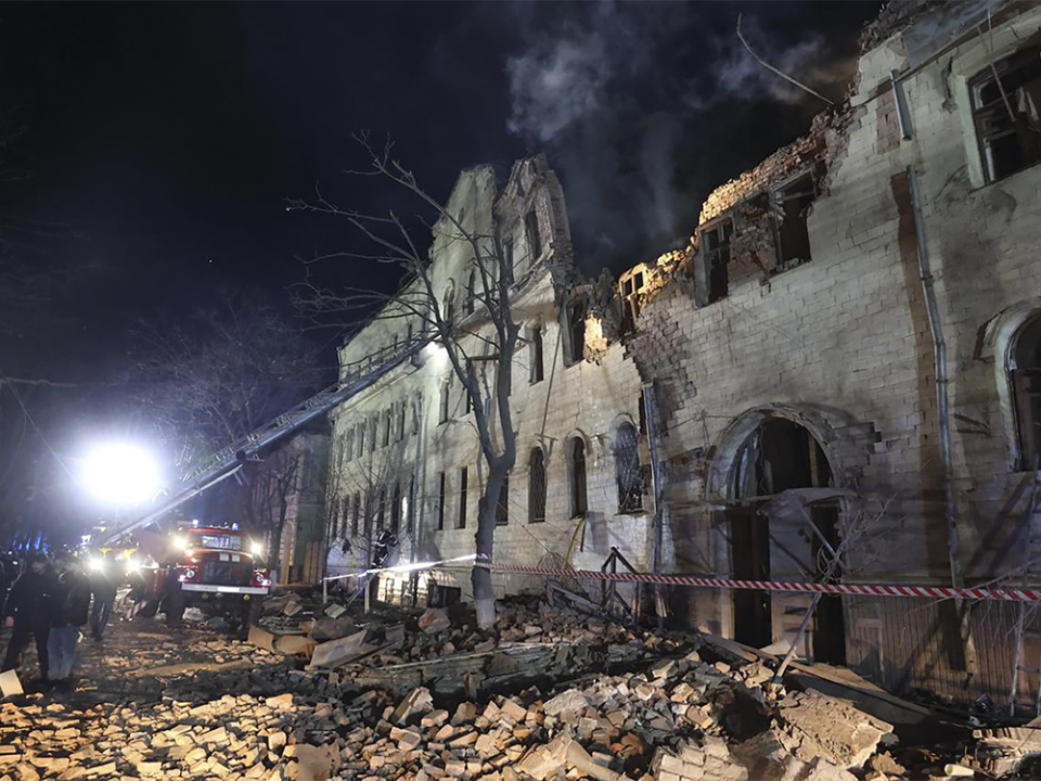  An apartment building damaged in a Russian rocket attack is seen in Kharkiv, Ukraine, Jan. 17, 2024.