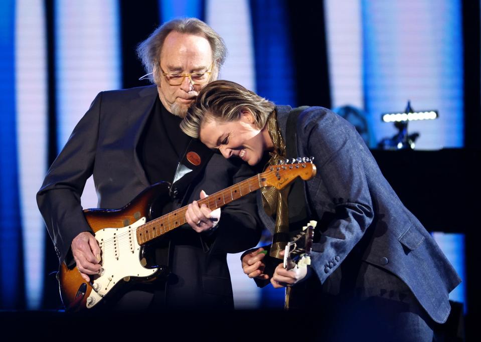 Stephen Stills and Brandi Carlile perform onstage during MusiCares Person of the Year honoring Joni Mitchell at MGM Grand Marquee Ballroom in Las Vegas on Friday, April 1, 2022.