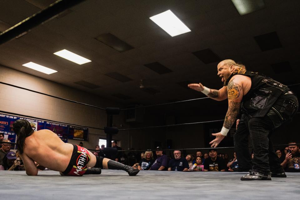 At IWR-21, The Death Machine Sami Callihan, right, taunts IWR newcomer Ryan Mathias. on Aug. 2, Insane Wrestling Revolution returns with IWR-22 at he Robert A. Hutchinson FOP Hall, 1051 Strasburg Road in Monroe.